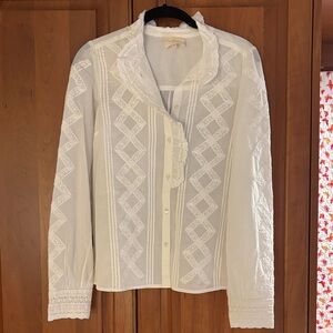 Sezane Cream Lace-Trim Button Blouse